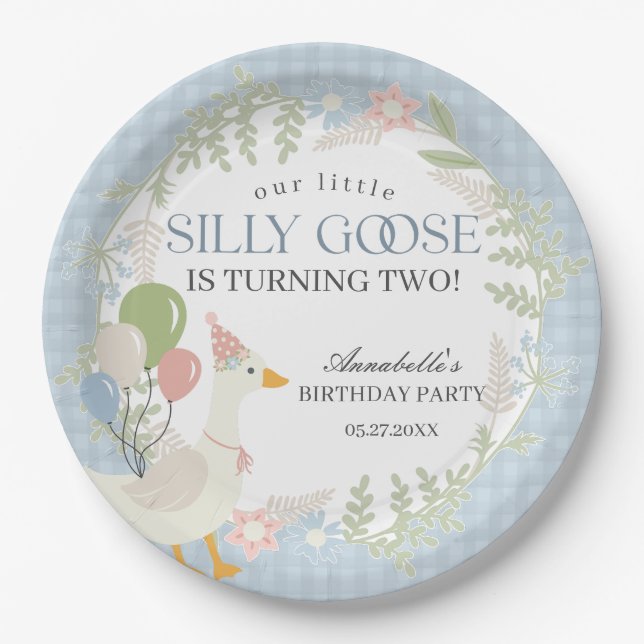 Blue Silly Goose Floral Gingham Birthday Paper Plates (Front)