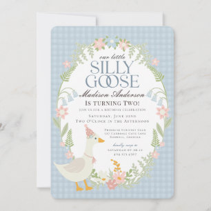Blue Silly Goose Floral Gingham Birthday Party Invitation