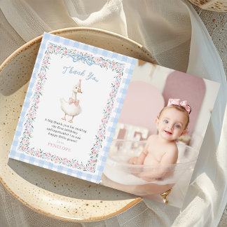Blue Silly Goose Floral Gingham Birthday Photo Thank You Card