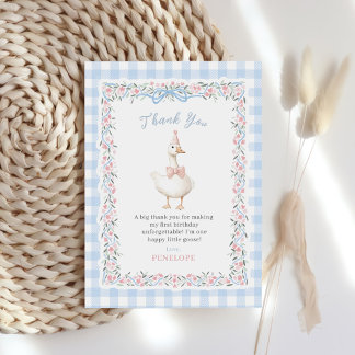 Blue Silly Goose Floral Gingham Birthday Thank You Card