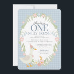 Blue Silly Goose Floral Gingham First Birthday Invitation<br><div class="desc">A silly goose is another year older. This Silly Goose Party Decor Collection is perfect for celebrating your sweet little girl! Featuring an adorable silly goose, pastel florals, and soft gingham patterns, this collection is perfect for adding a touch of playful elegance to any party. Whether it’s for a birthday...</div>