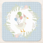 Blue Silly Goose Floral Gingham Paper Square Paper Coaster<br><div class="desc">A silly goose is almost on the loose. This Silly Goose Party Decor Collection is perfect for celebrating your sweet little girl! Featuring an adorable silly goose, pastel florals, and soft gingham patterns, this collection is perfect for adding a touch of playful elegance to any party. Whether it’s for a...</div>