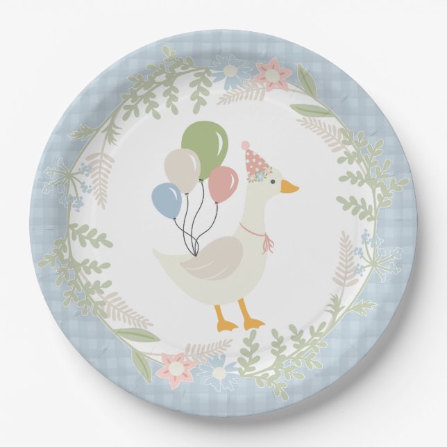 Blue Silly Goose Floral Gingham Party Paper Plates (Front)