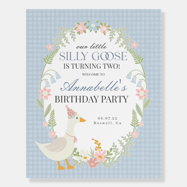 Blue Silly Goose Gingham Birthday Welcome Sign (Front)