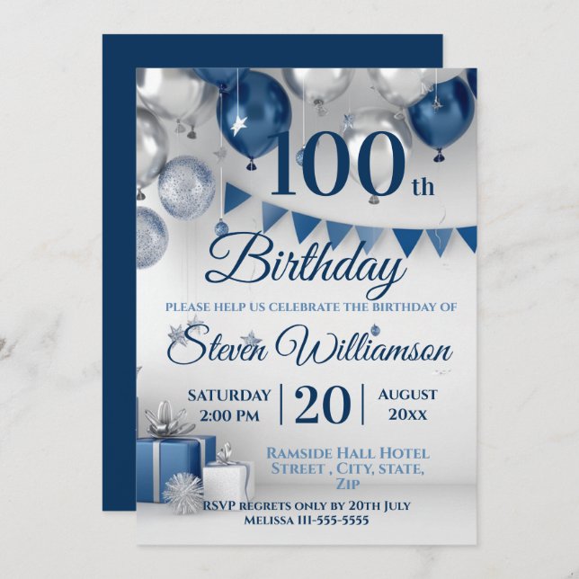 Blue Silver 100th Birthday Invitation (Front/Back)