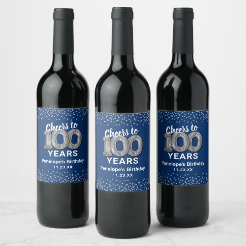 Blue Silver 100th Birthday Party Wine Label