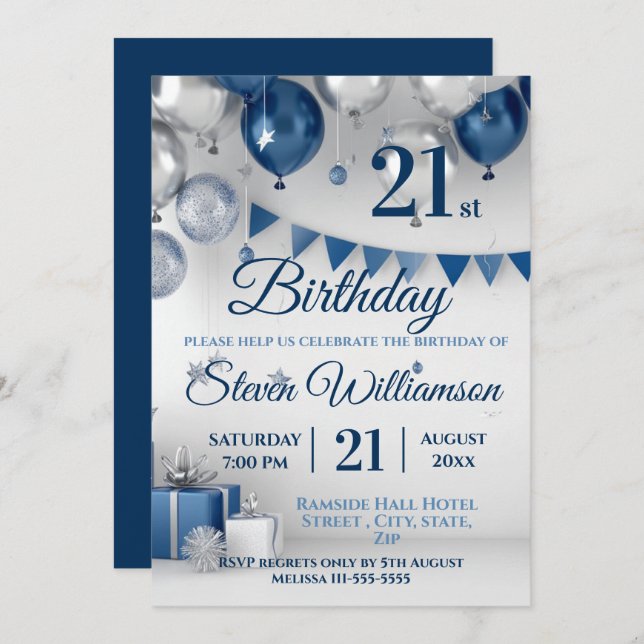 Blue Silver 21st Birthday Invitation (Front/Back)