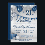 Blue Silver 21st Birthday Invitation<br><div class="desc">A stylish design for a 21st birthday party invitation. Features blue and silver balloons and pennant with blue text. All text can be amended as needed</div>