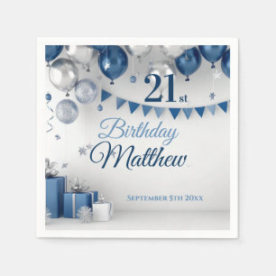Blue Silver 21st Birthday Napkins