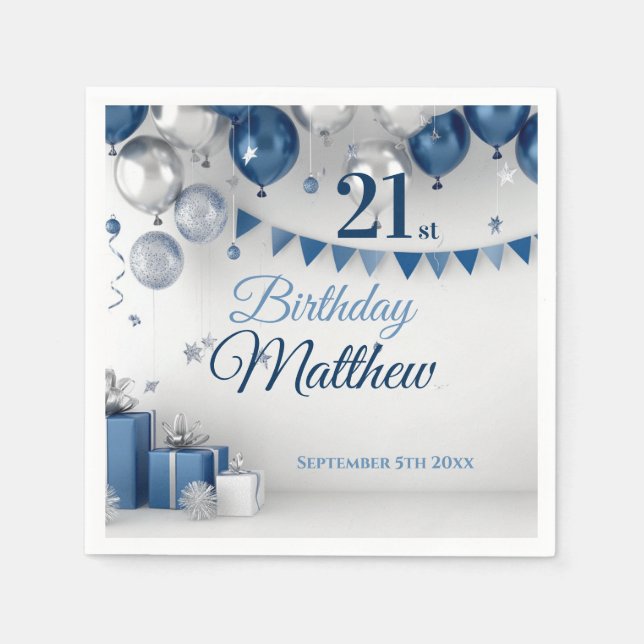 Blue Silver 21st Birthday Napkins (Front)