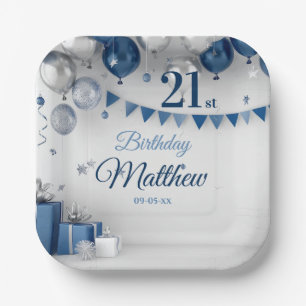 Blue Silver 21st Birthday Paper Plates