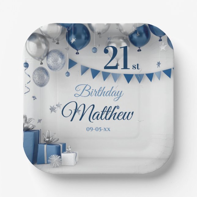 Blue Silver 21st Birthday Paper Plates (Front)