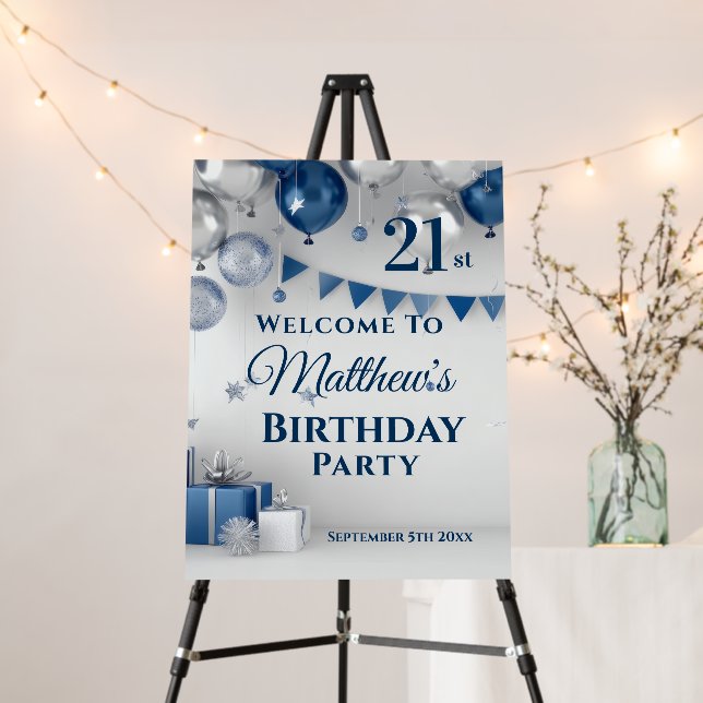 Blue Silver 21st Birthday Party Welcome Foam Board (In Situ (Stand))