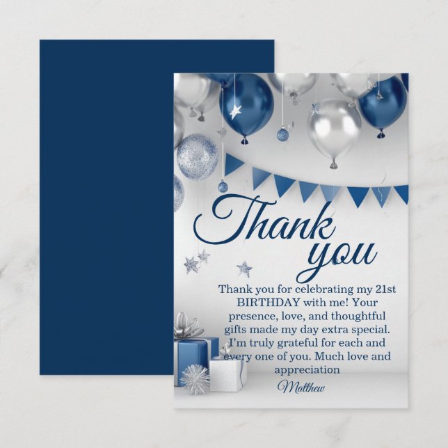Blue Silver 21st Birthday Thank You Card (Front/Back)