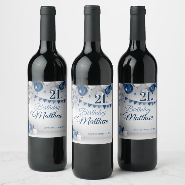 Blue Silver 21st Birthday Wine Label (Bottles)