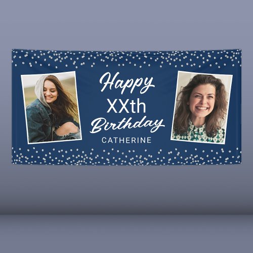 Blue Silver 2 Photo Any Age Happy Birthday Banner