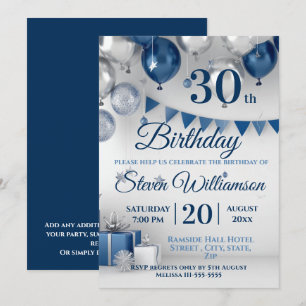 Blue Silver 30th Birthday Invitation