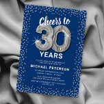 Blue Silver 30th Birthday Invitation<br><div class="desc">Elegant thirtieth birthday party invitation featuring a stylish blue background that can be changed to any color,  silver sparkly glitter,  thirty silver hellium balloons,  and a modern 30th birthday celebration text template that is easy to personalize.</div>