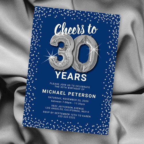 Blue Silver 30th Birthday Invitation