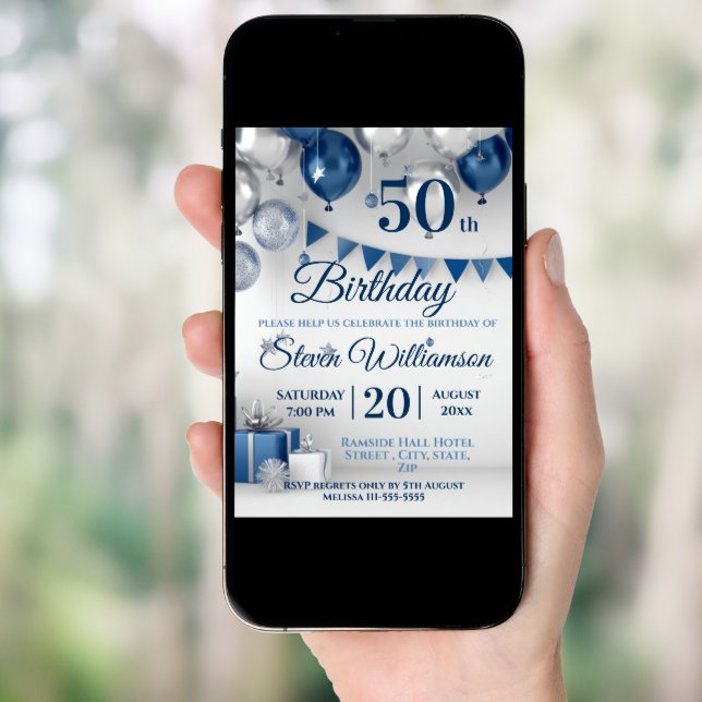 Blue Silver 50th Birthday Invitation (Front Digital)
