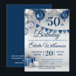 Blue Silver 50th Birthday Invitation<br><div class="desc">A stylish design for a 50th birthday celebration. Features blue and silver balloons and pennant with blue text. All text can be amended as needed</div>