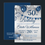 Blue Silver 50th Birthday Invitation<br><div class="desc">A stylish design for a 50th birthday celebration. Features blue and silver balloons and pennant with blue text. All text can be amended as needed</div>