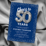 Blue Silver 50th Birthday Invitation<br><div class="desc">Elegant fiftieth birthday party invitation featuring a stylish blue background that can be changed to any color,  silver sparkly glitter,  fifty silver hellium balloons,  and a modern 50th birthday celebration text template that is easy to personalize.</div>