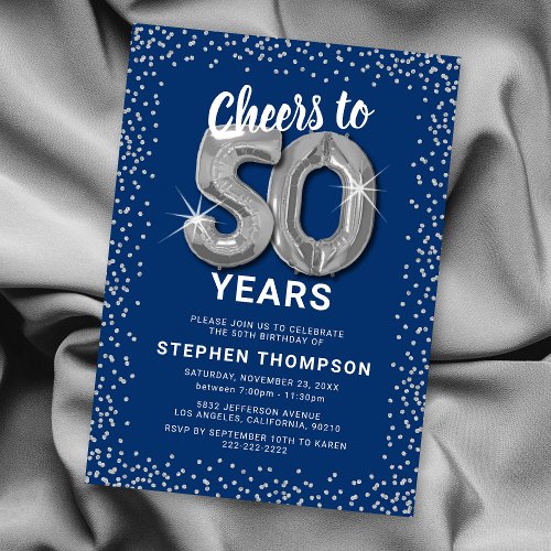 Blue Silver 50th Birthday Invitation