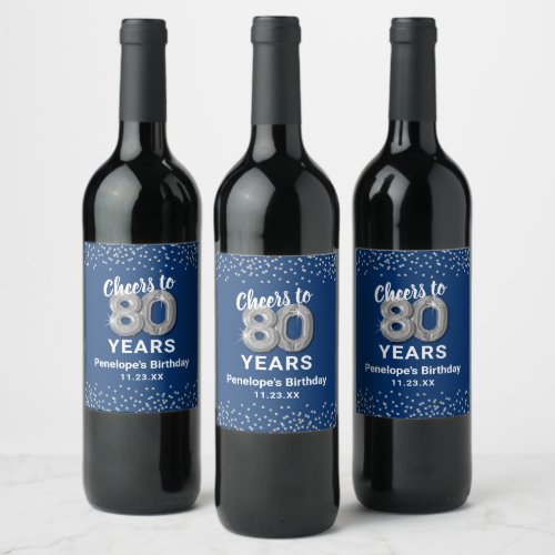 Blue Silver 80th Birthday Wine Label