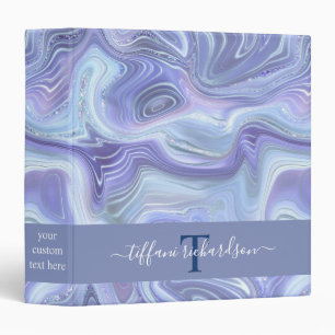 Blue Silver Agate Geode Monogram Script Name 3 Ring Binder