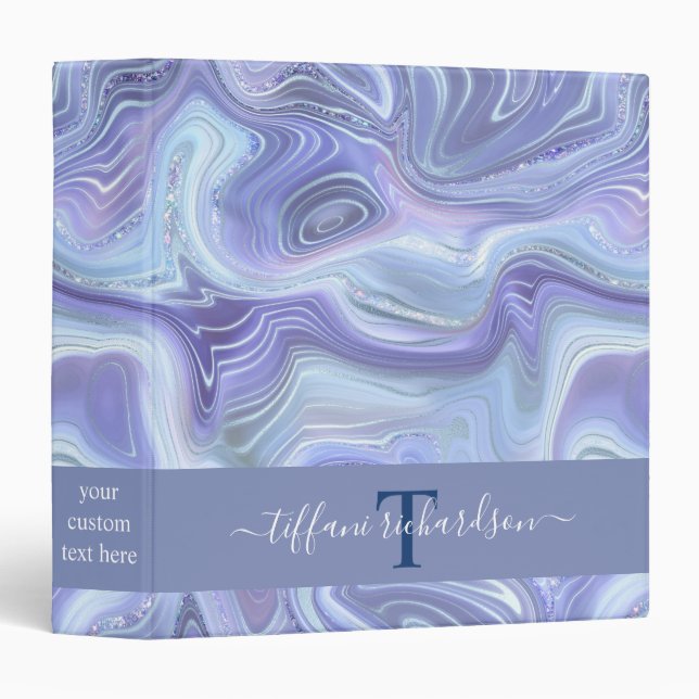 Blue Silver Agate Geode Monogram Script Name 3 Ring Binder (Front/Spine)