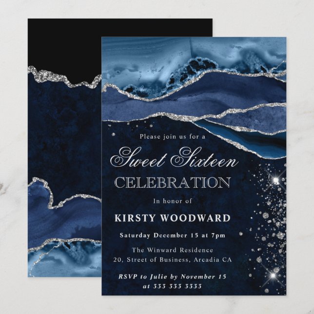 Blue Silver Agate Marble Glam Sweet 16 Invitation (Front/Back)