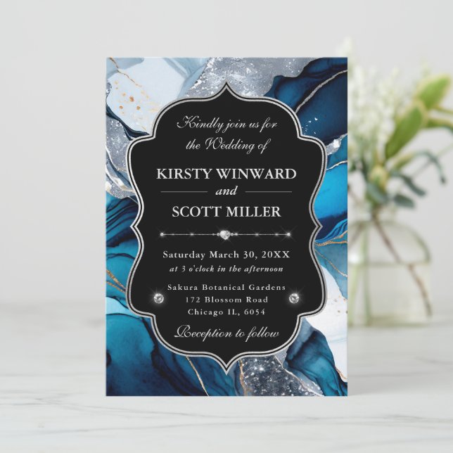Blue Silver Agate Marble Glitter Wedding Invitation (Standing Front)