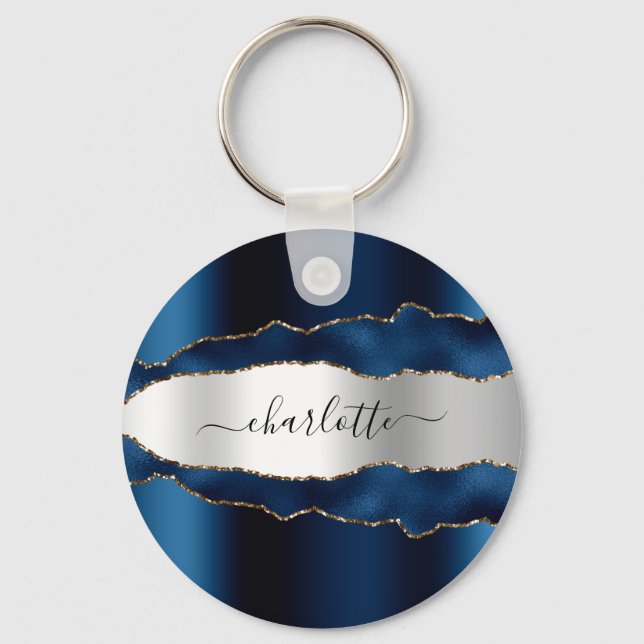 Blue silver agate marble name script keychain (Front)