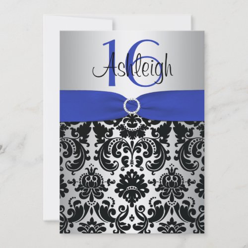 Blue, Silver, and Black Damask Sweet 16 Invitation
