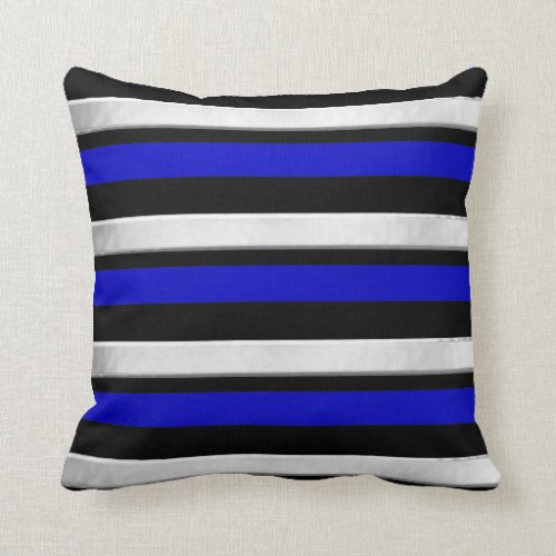 Blue Silver and Black Striped Throw Pillow