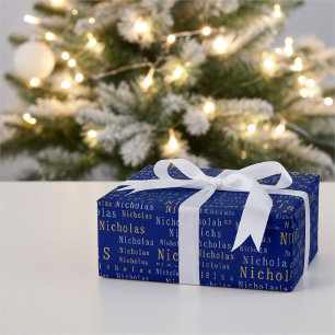 Blue, Silver and Gold Name Custom Wrapping Paper