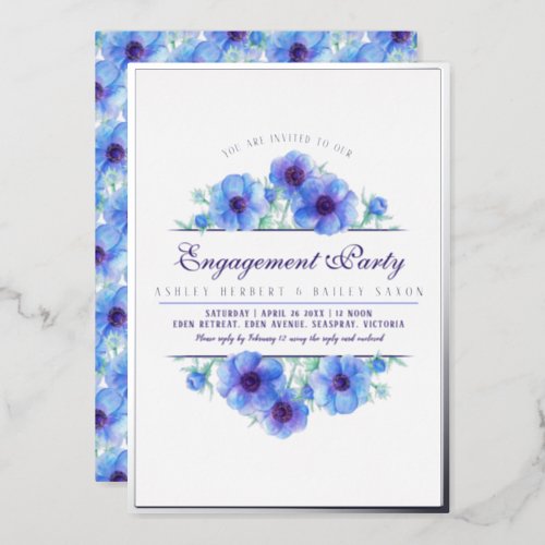 Blue silver anemone floral watercolor engagement foil invitation