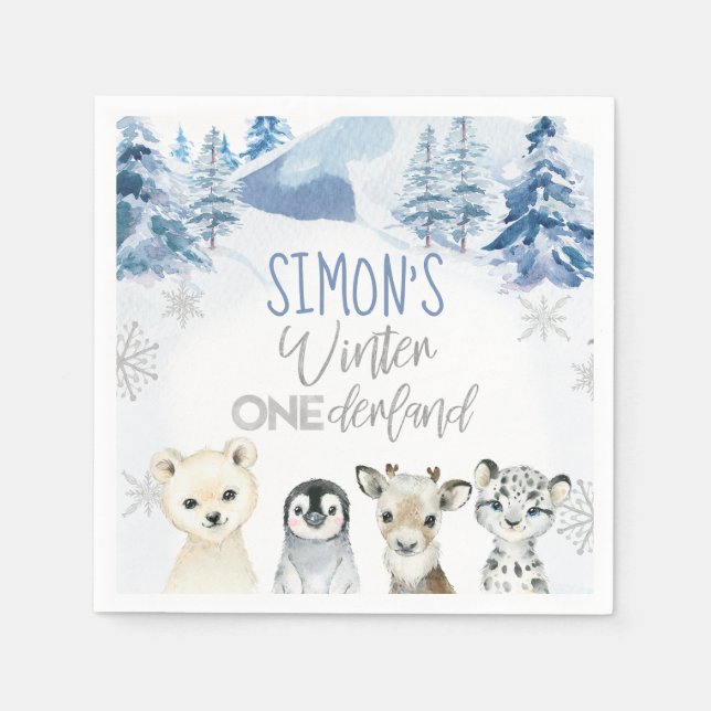 Blue Silver Arctic Winter Onederland Birthday  Napkins (Front)