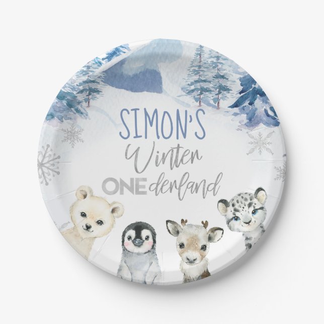 Blue Silver Arctic Winter Onederland Birthday  Paper Plates (Front)