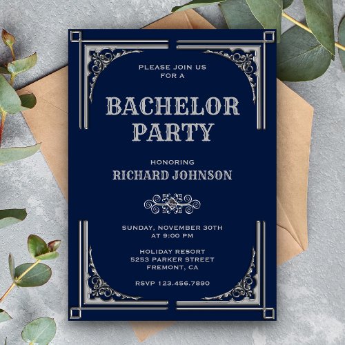 Blue Silver Art Deco Bachelor Party Invitation