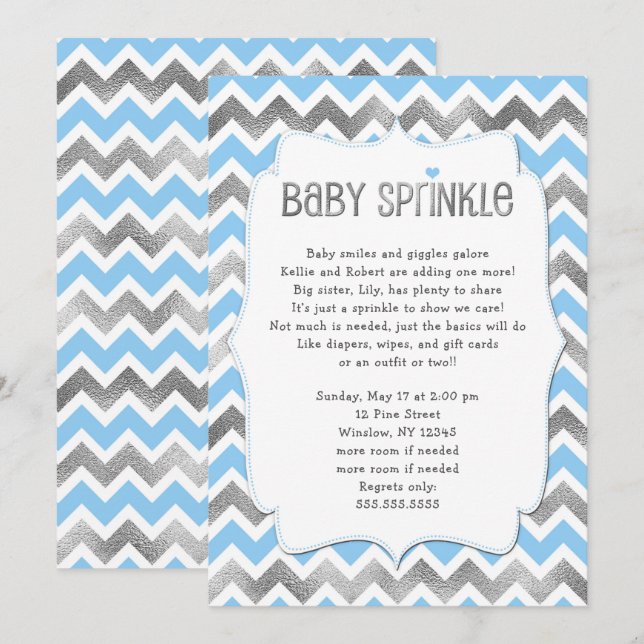 Blue Silver Baby Sprinkle boy baby shower invites (Front/Back)