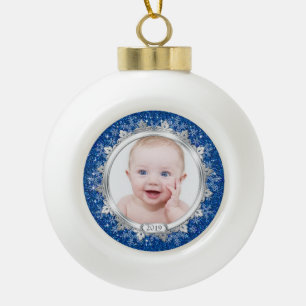 Blue Silver Baby's First Christmas (Xmas) Photo Ceramic Ball Christmas Ornament