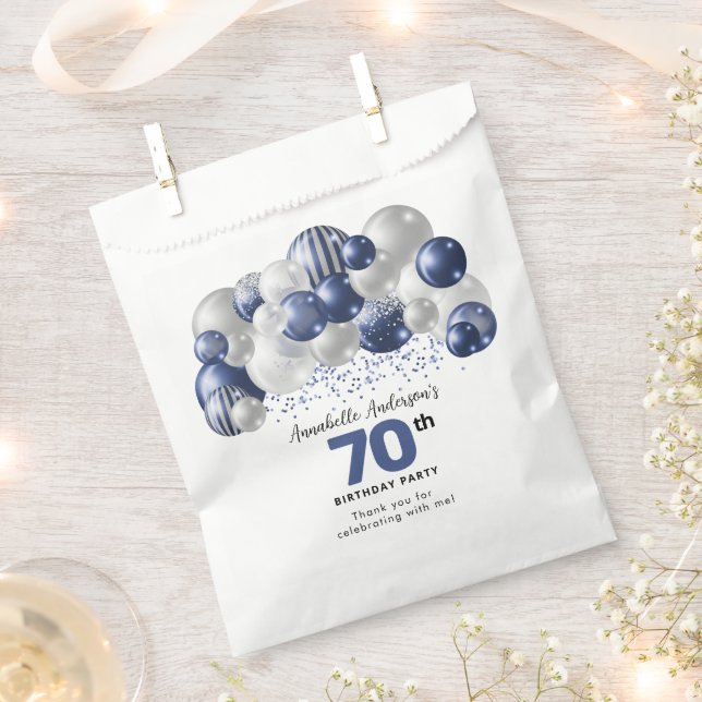 Blue Silver Balloon Glitter Favor 70th Birthday Bag (Clipped)