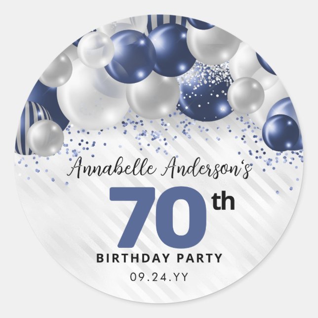Blue Silver Balloon Glitter Favor 70th Birthday Classic Round Sticker (Front)