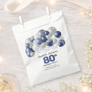 Blue Silver Balloon Glitter Favor 80th Birthday Bag