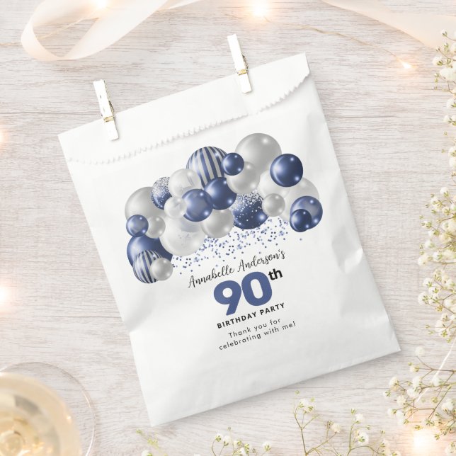 Blue Silver Balloon Glitter Favor 90th Birthday Bag (Clipped)