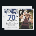 Blue Silver Balloon Glitter Photo 70th Birthday Invitation<br><div class="desc">Modern Glam Navy Blue Silver Gray Balloon Glitter Sparkle Any Age Photo Birthday Invitation</div>