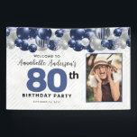 Blue Silver Balloon Photo 80th Birthday Welcome Banner<br><div class="desc">Modern Glam Navy Blue Silver Balloon Glitter Sparkle Any Age Welcome Photo Birthday Banner</div>