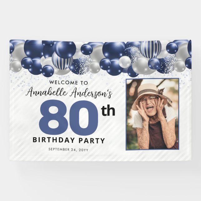 Blue Silver Balloon Photo 80th Birthday Welcome Banner (Horizontal)